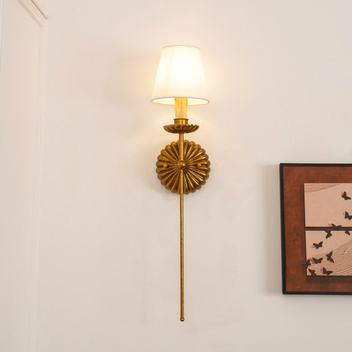 Gold Leaf Double Wall Sconce with Fabric Shades | Candle-Style Light for Hallways