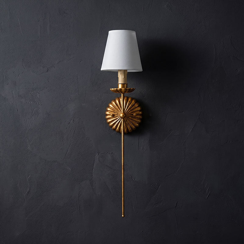 Gold Leaf Double Wall Sconce with Fabric Shades | Candle-Style Light for Hallways
