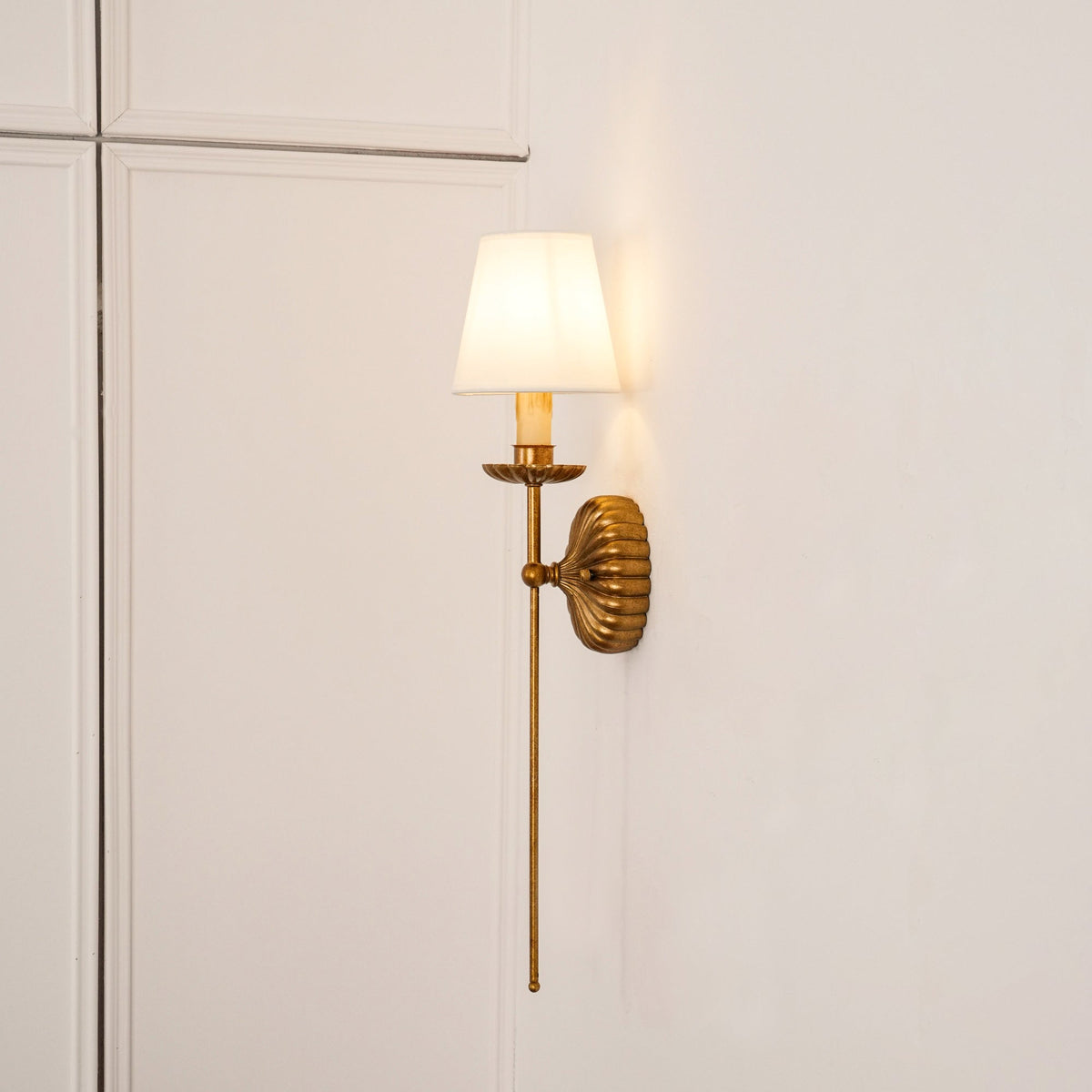 Gold Leaf Double Wall Sconce with Fabric Shades | Candle-Style Light for Hallways