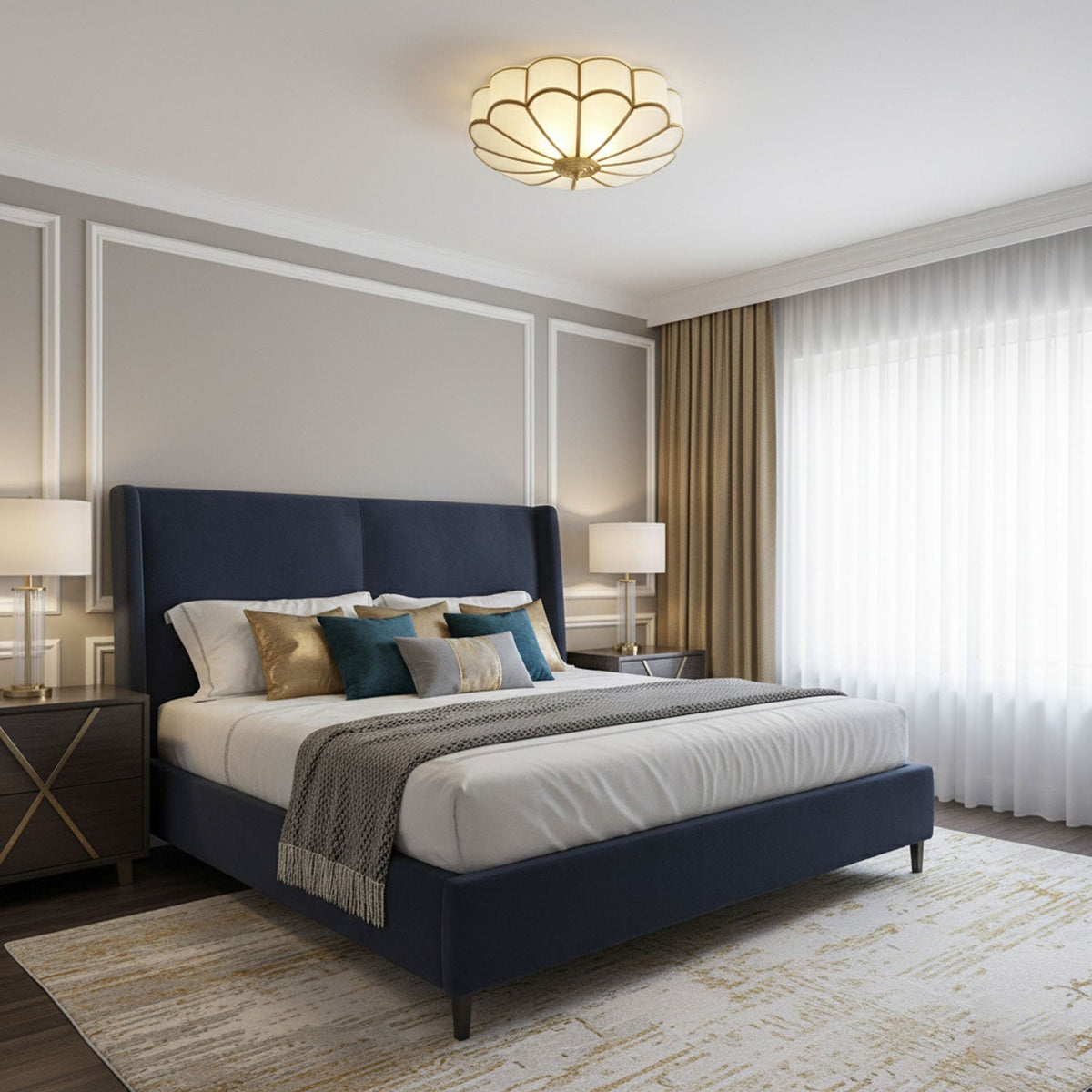 Flower Shape Frosted Glass Ceiling Light with Brass Frame for Soft Ambient Glow