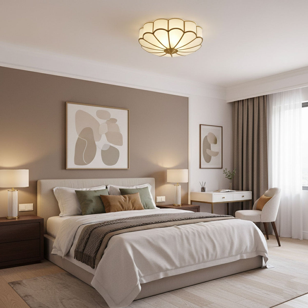 Flower Shape Frosted Glass Ceiling Light with Brass Frame for Soft Ambient Glow