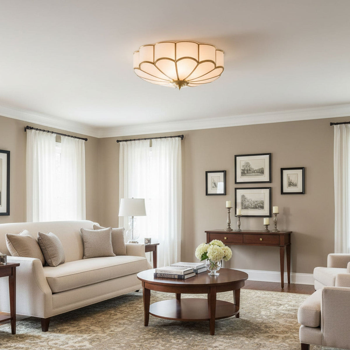 Flower Shape Frosted Glass Ceiling Light with Brass Frame for Soft Ambient Glow