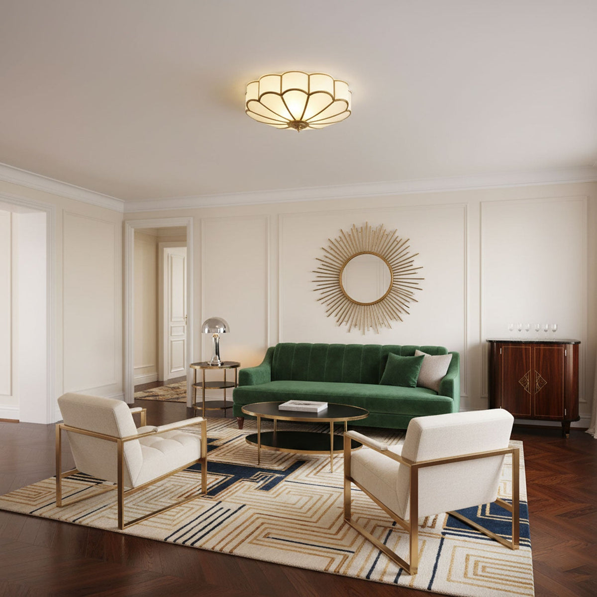 Flower Shape Frosted Glass Ceiling Light with Brass Frame for Soft Ambient Glow