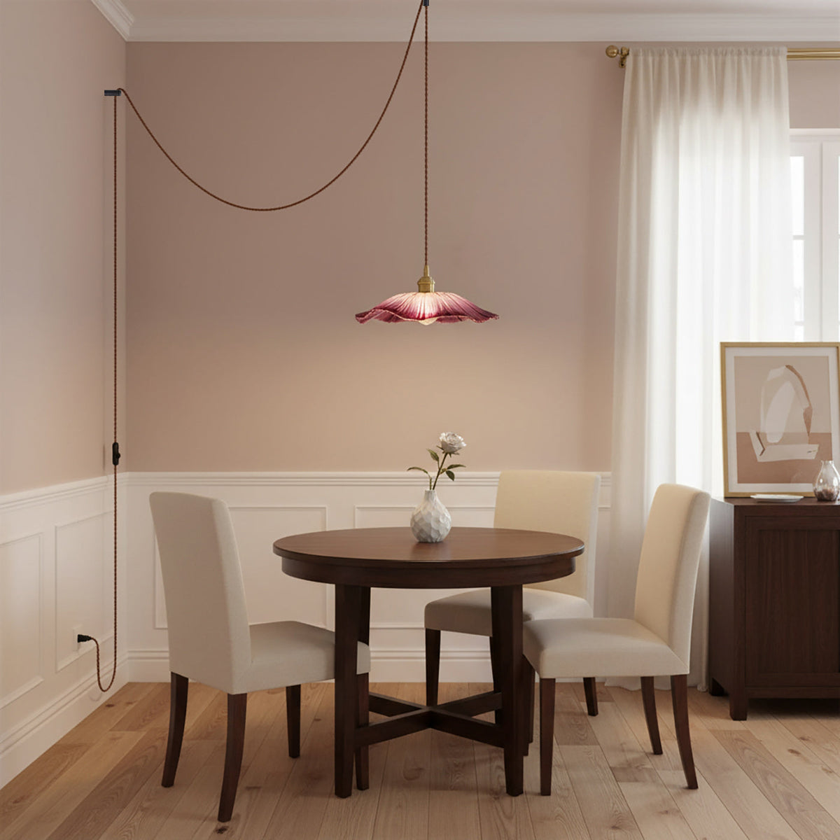 Posy | Plug In Pendant Light with Flower Glass Shade | Dimmable Hanging Lamp for Bedroom
