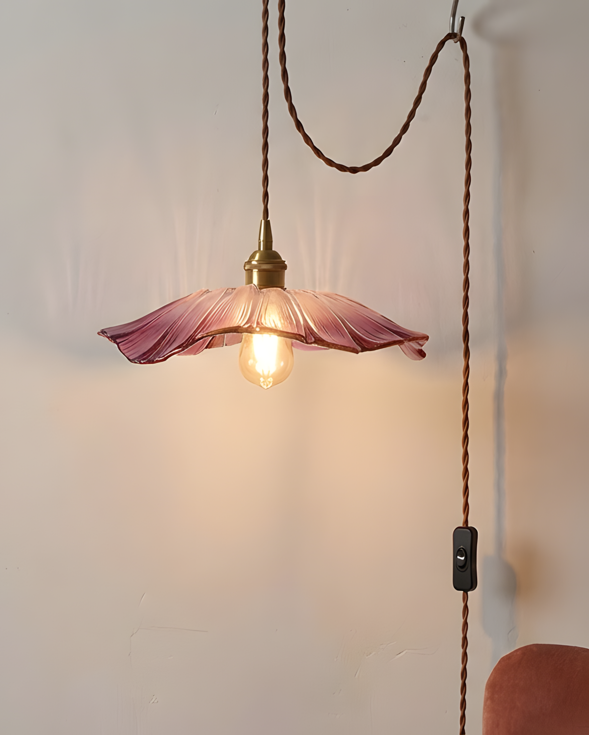 Posy | Plug In Pendant Light with Flower Glass Shade | Dimmable Hanging Lamp for Bedroom