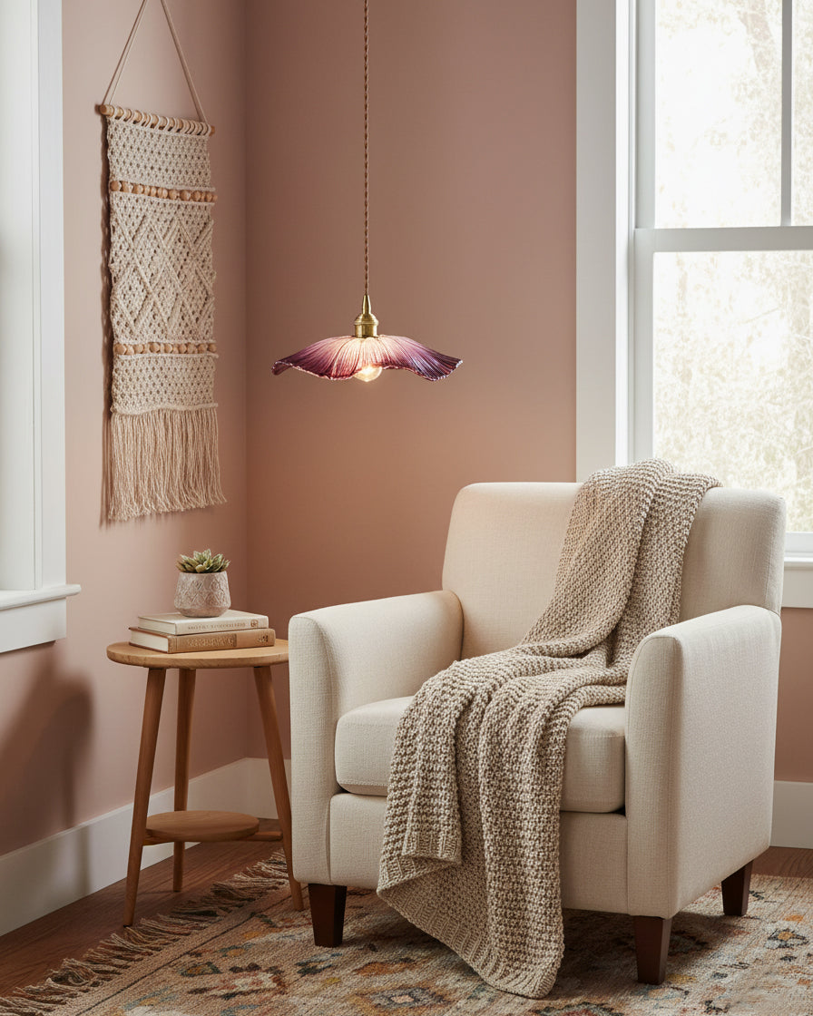 Posy | Plug In Pendant Light with Flower Glass Shade | Dimmable Hanging Lamp for Bedroom