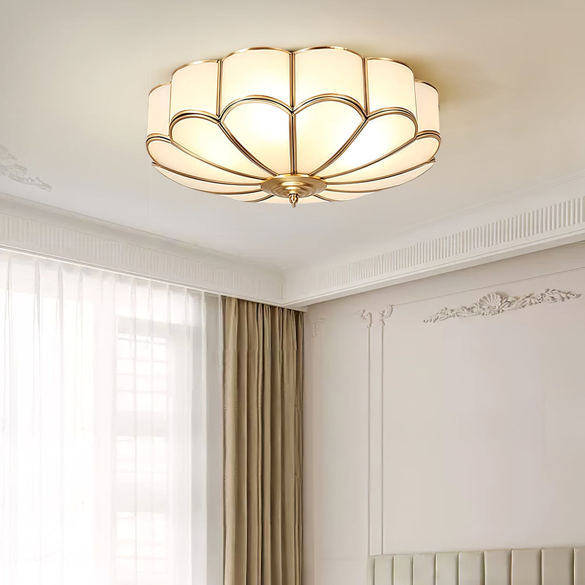 Flower Shape Frosted Glass Ceiling Light with Brass Frame for Soft Ambient Glow