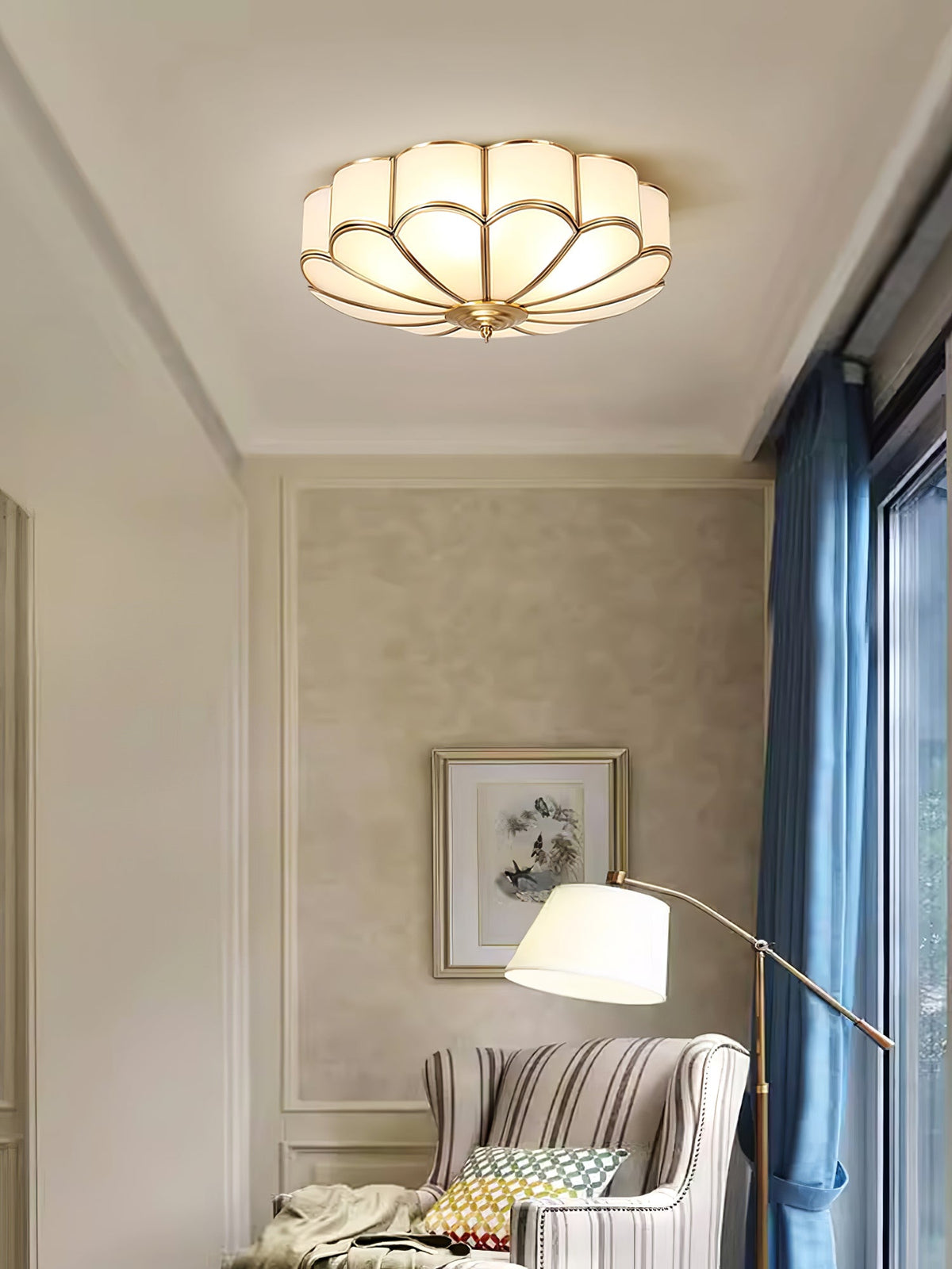 Flower Shape Frosted Glass Ceiling Light with Brass Frame for Soft Ambient Glow