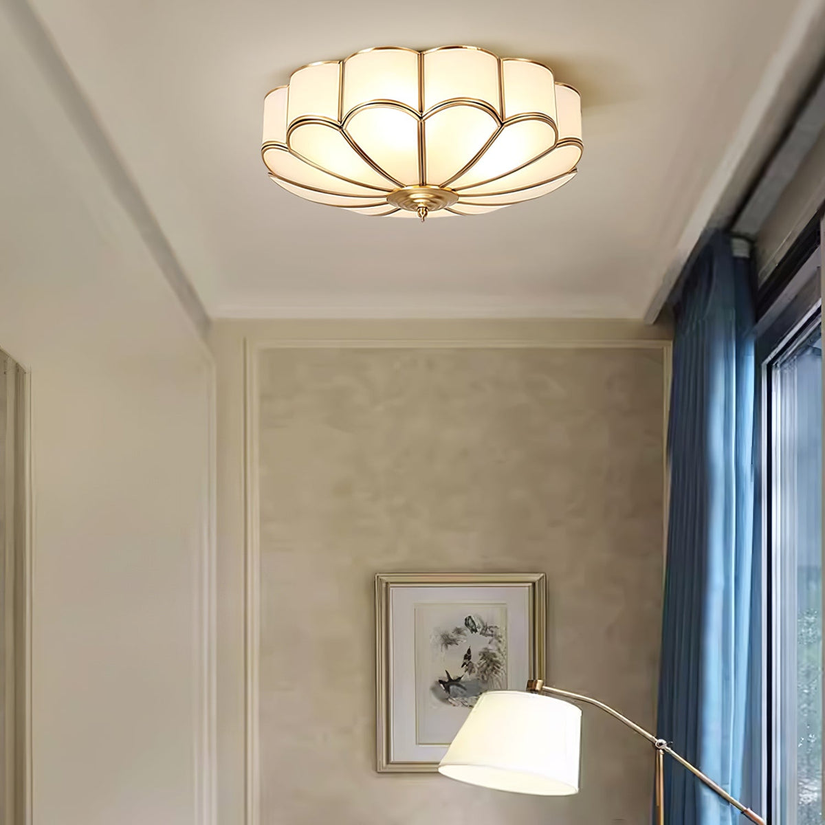 Flower Shape Frosted Glass Ceiling Light with Brass Frame for Soft Ambient Glow