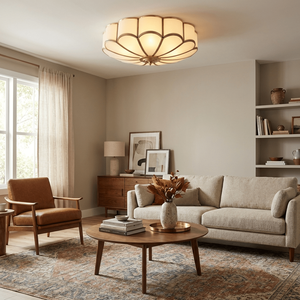 Flower Shape Frosted Glass Ceiling Light with Brass Frame for Soft Ambient Glow