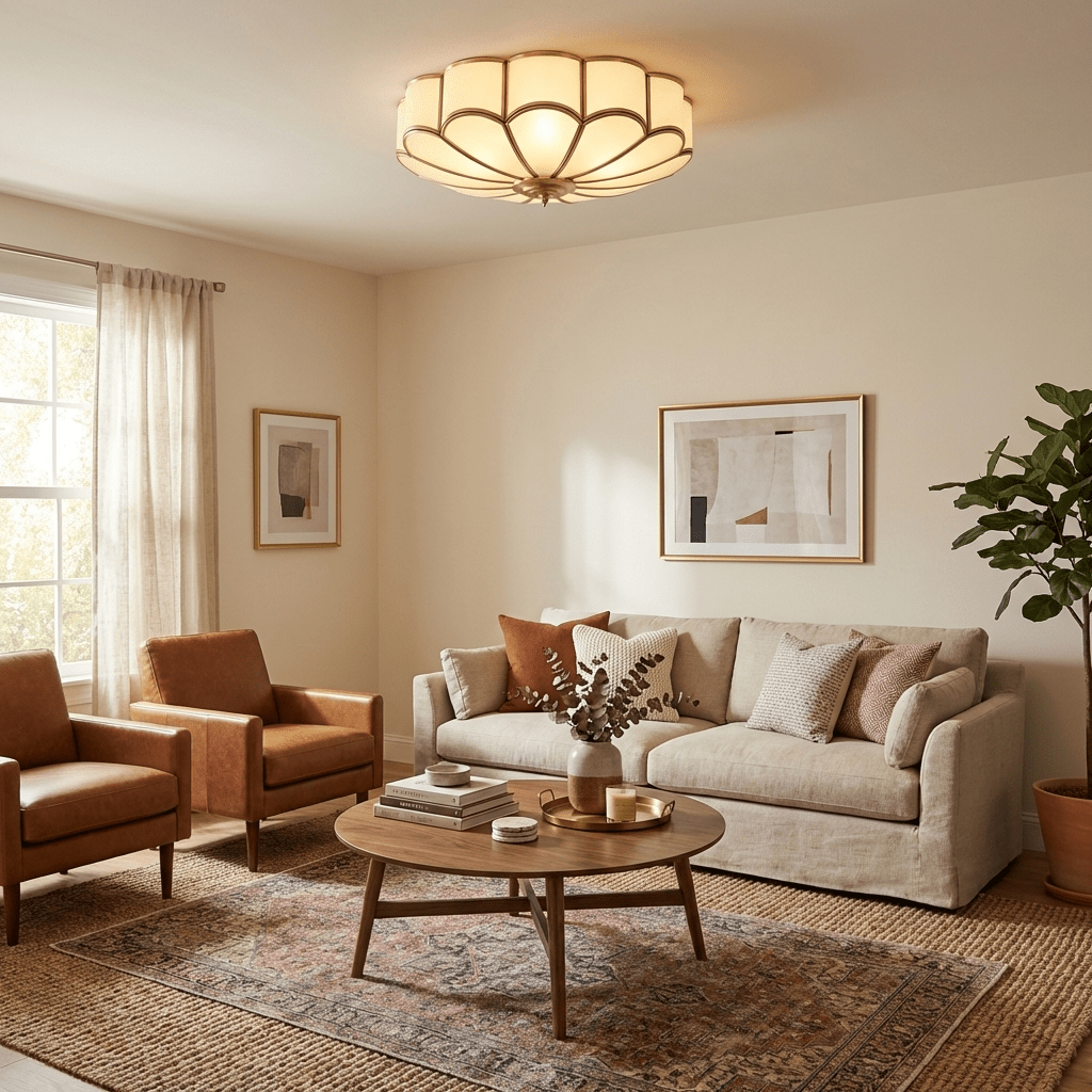 Flower Shape Frosted Glass Ceiling Light with Brass Frame for Soft Ambient Glow
