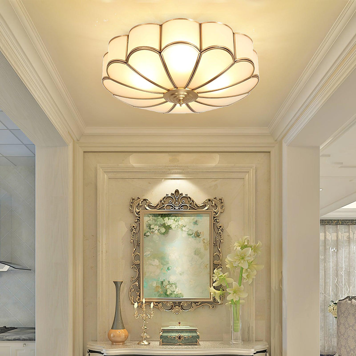 Flower Shape Frosted Glass Ceiling Light with Brass Frame for Soft Ambient Glow