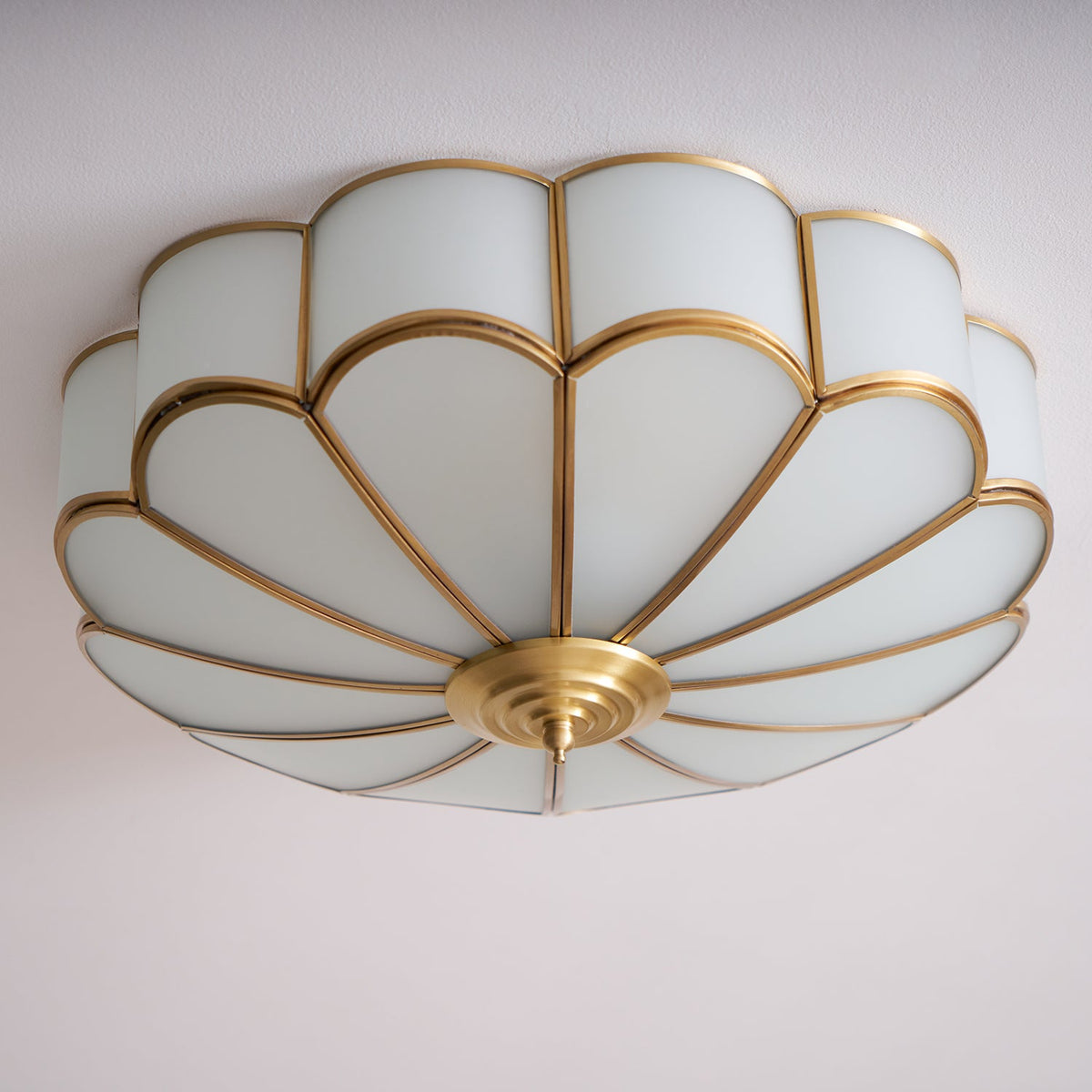 Flower Shape Frosted Glass Ceiling Light with Brass Frame for Soft Ambient Glow