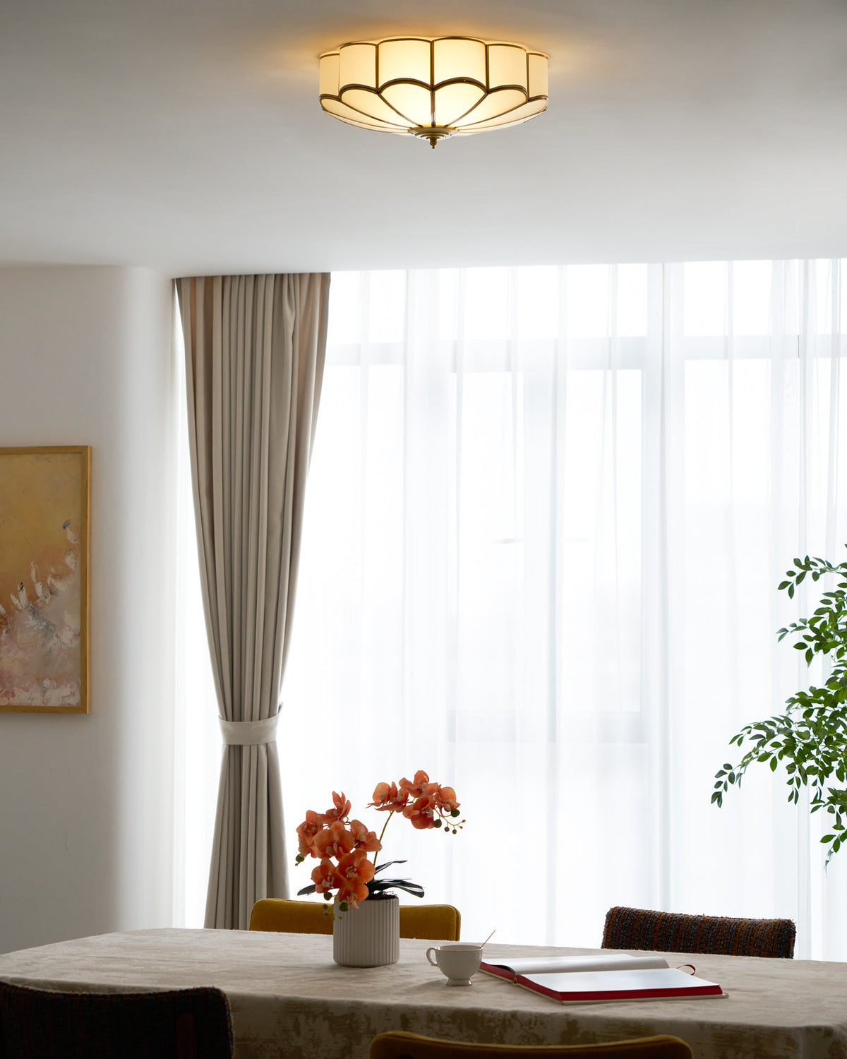 Flower Shape Frosted Glass Ceiling Light with Brass Frame for Soft Ambient Glow