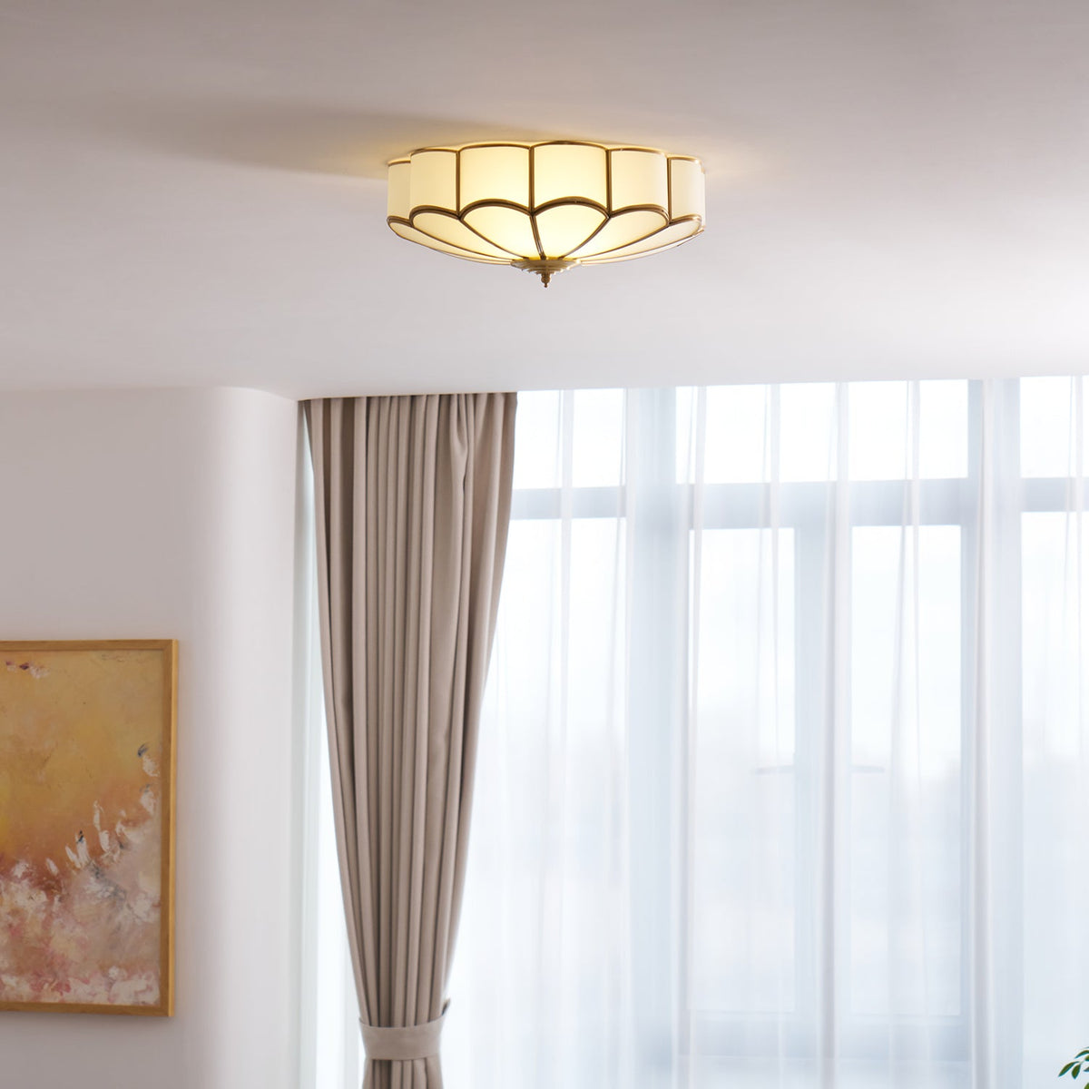 Flower Shape Frosted Glass Ceiling Light with Brass Frame for Soft Ambient Glow