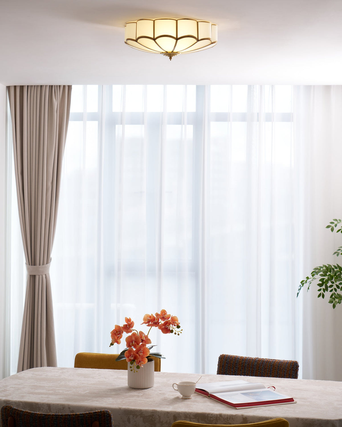 Flower Shape Frosted Glass Ceiling Light with Brass Frame for Soft Ambient Glow