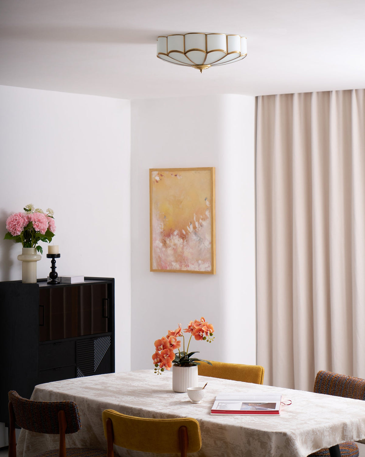 Flower Shape Frosted Glass Ceiling Light with Brass Frame for Soft Ambient Glow