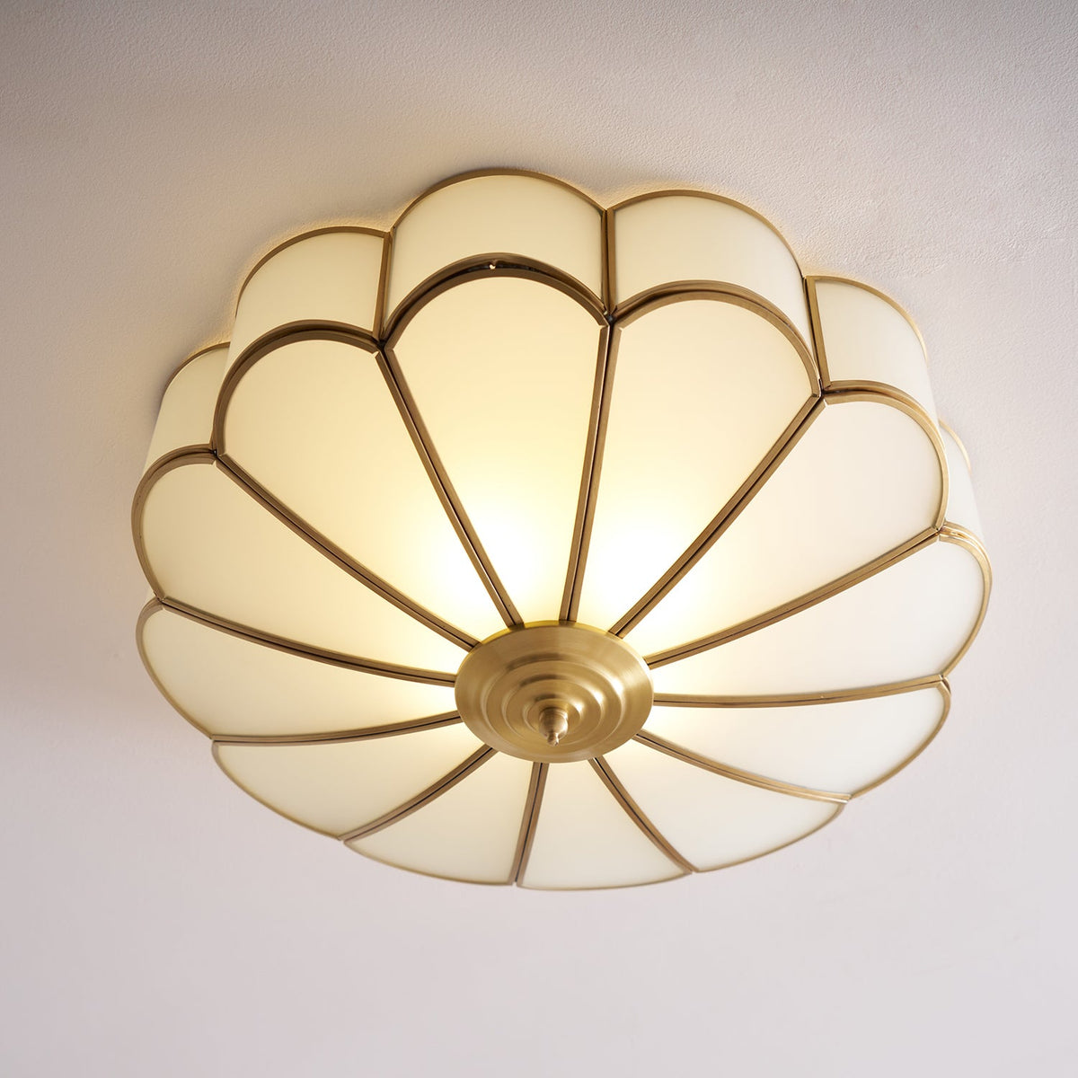 Flower Shape Frosted Glass Ceiling Light with Brass Frame for Soft Ambient Glow