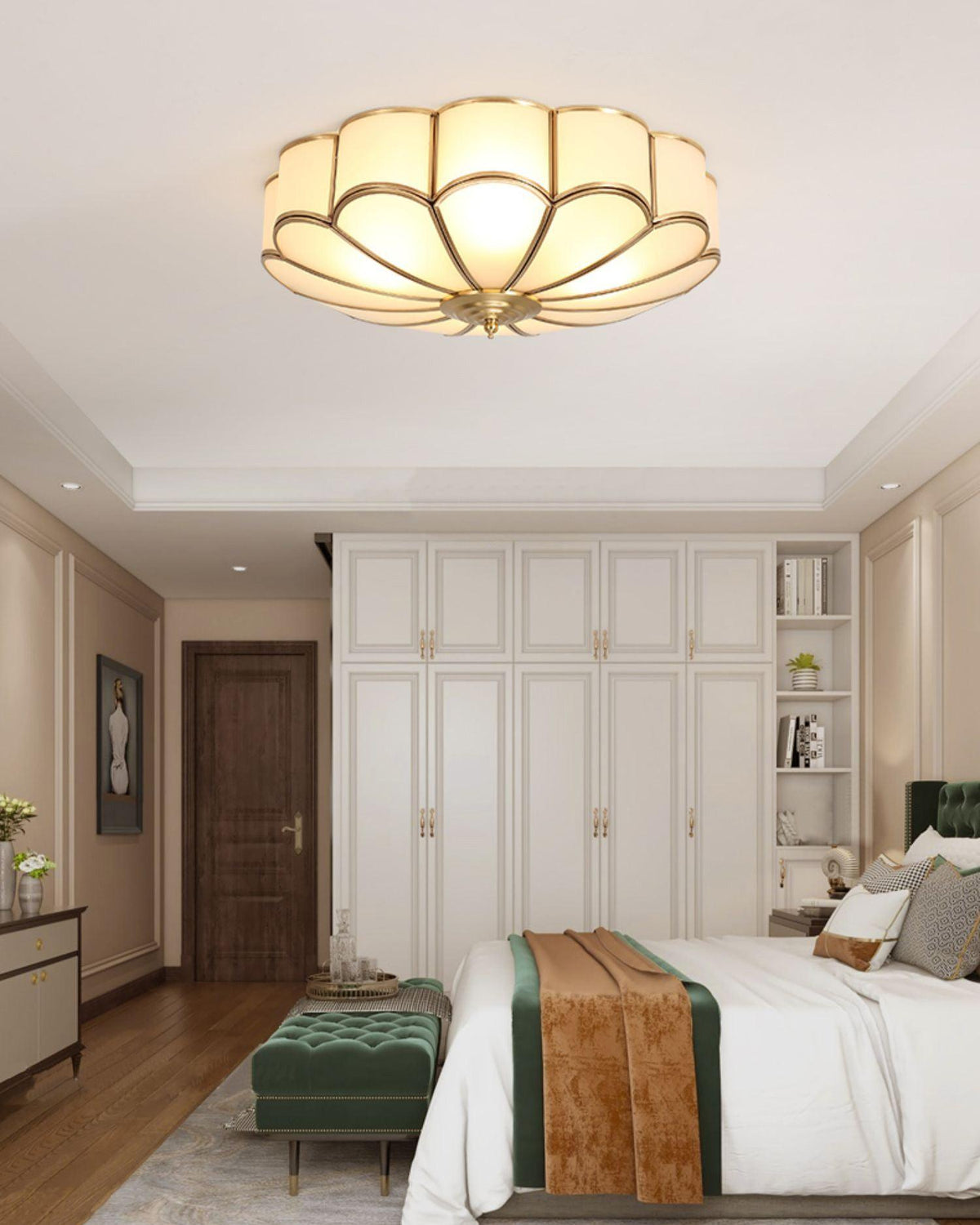 Flower Shape Frosted Glass Ceiling Light with Brass Frame for Soft Ambient Glow