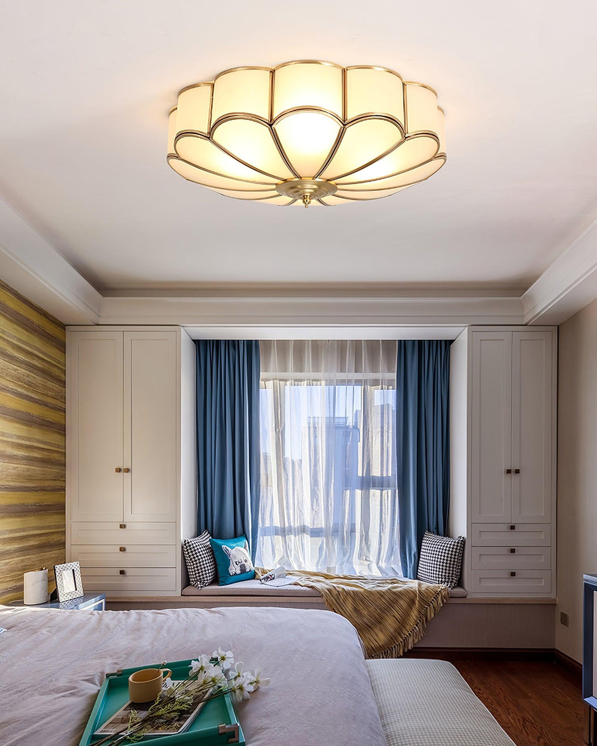 Flower Shape Frosted Glass Ceiling Light with Brass Frame for Soft Ambient Glow