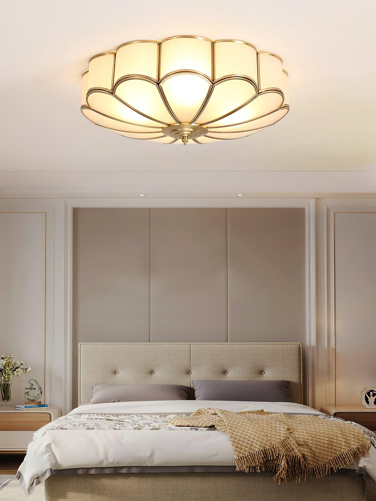 Flower Shape Frosted Glass Ceiling Light with Brass Frame for Soft Ambient Glow
