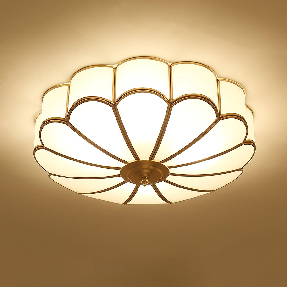 Flower Shape Frosted Glass Ceiling Light with Brass Frame for Soft Ambient Glow