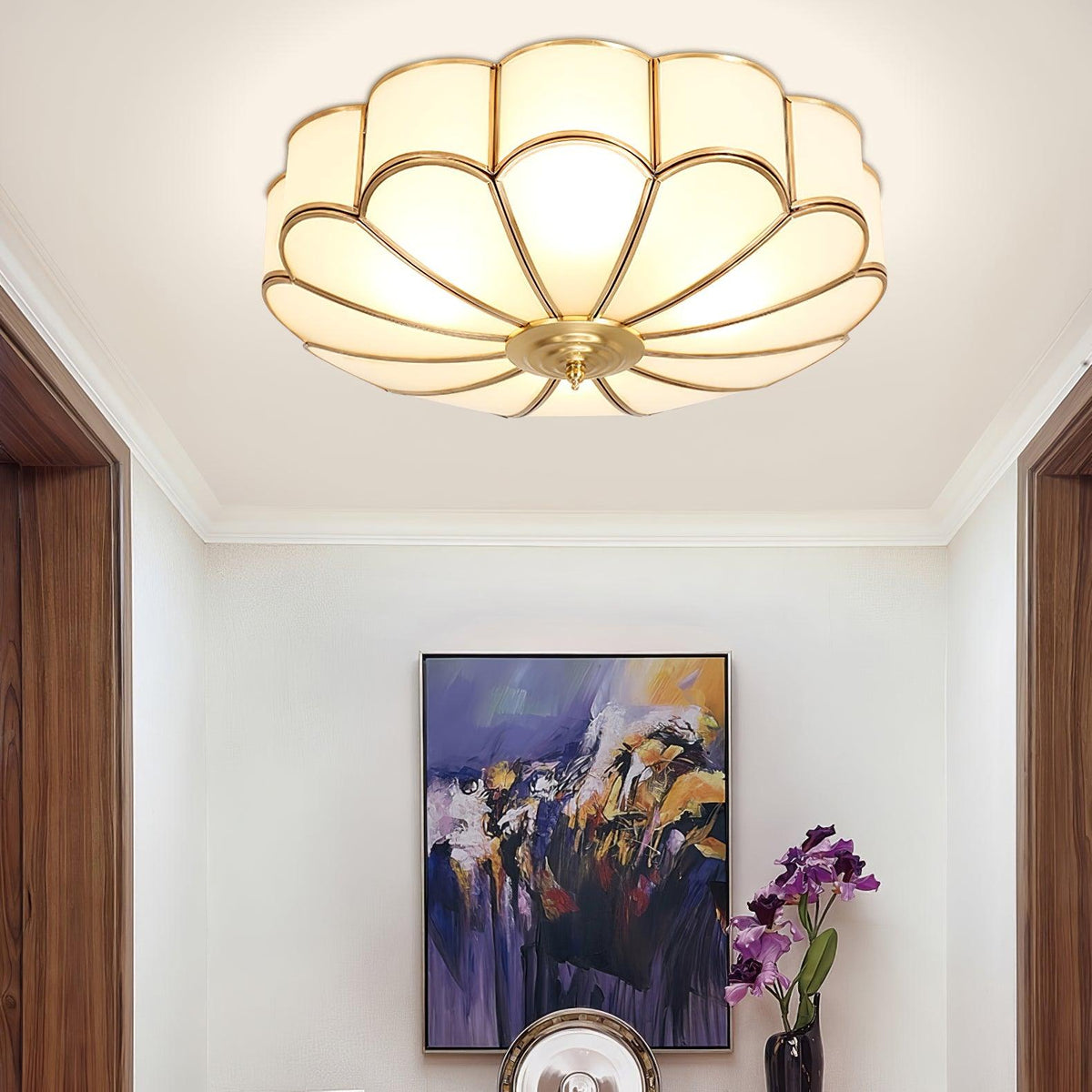 Flower Shape Frosted Glass Ceiling Light with Brass Frame for Soft Ambient Glow