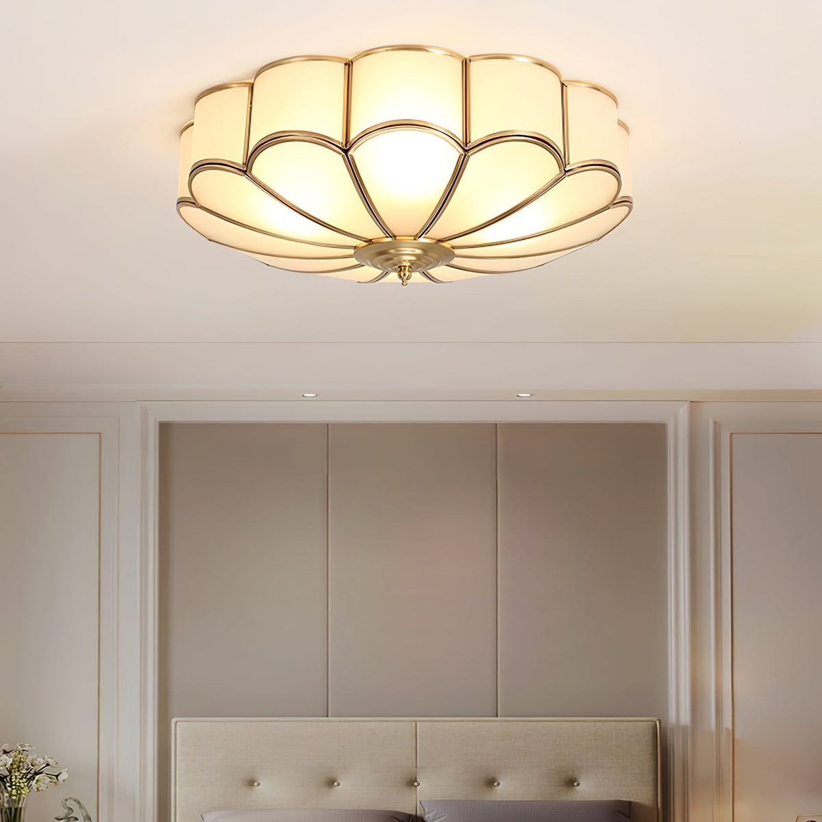 Flower Shape Frosted Glass Ceiling Light with Brass Frame for Soft Ambient Glow