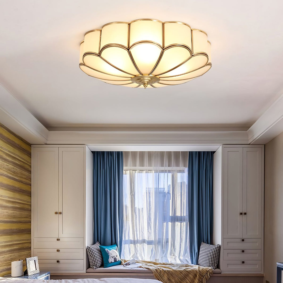Flower Shape Frosted Glass Ceiling Light with Brass Frame for Soft Ambient Glow