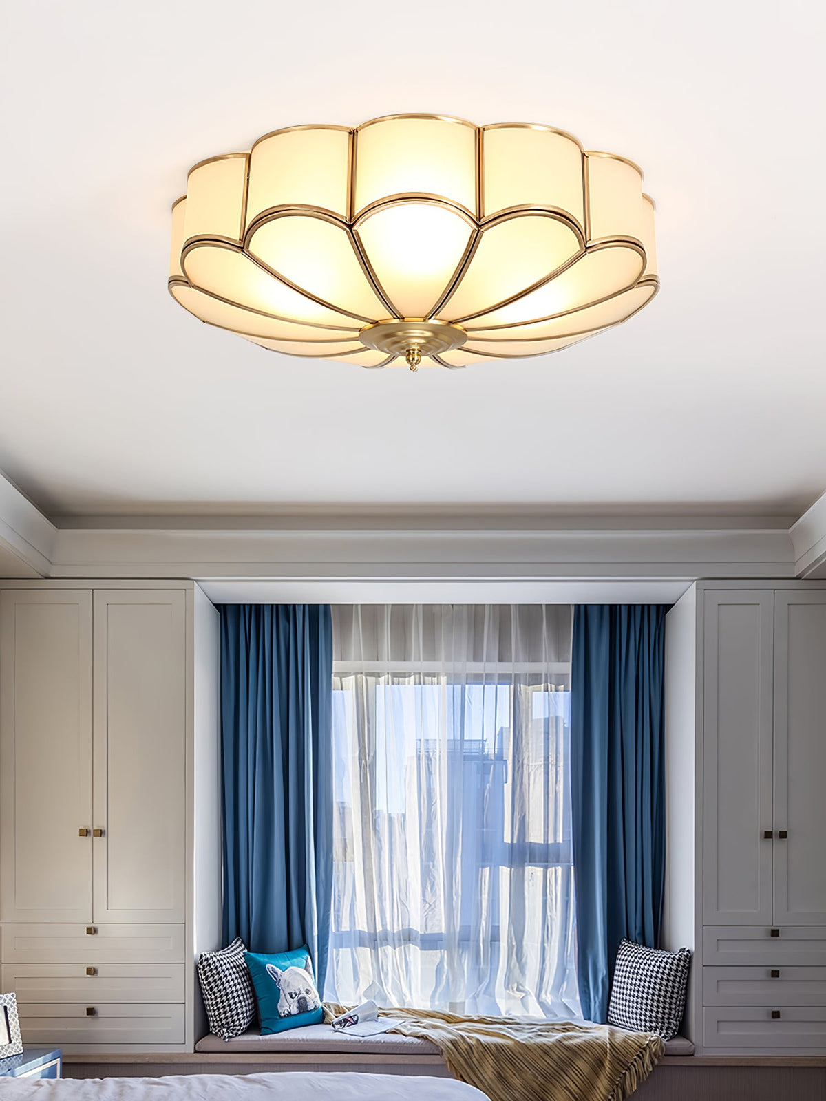 Flower Shape Frosted Glass Ceiling Light with Brass Frame for Soft Ambient Glow