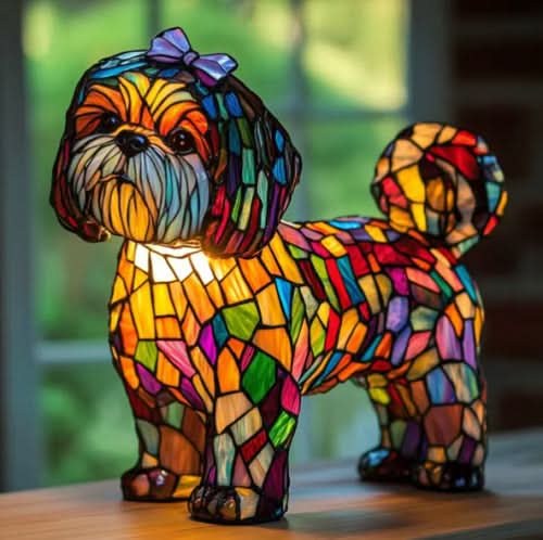 Art Deco Stained Glass Dog Table Lamp USB