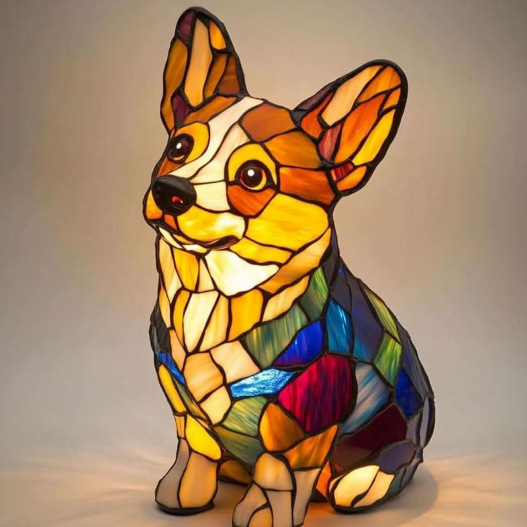 Art Deco Stained Glass Dog Table Lamp USB