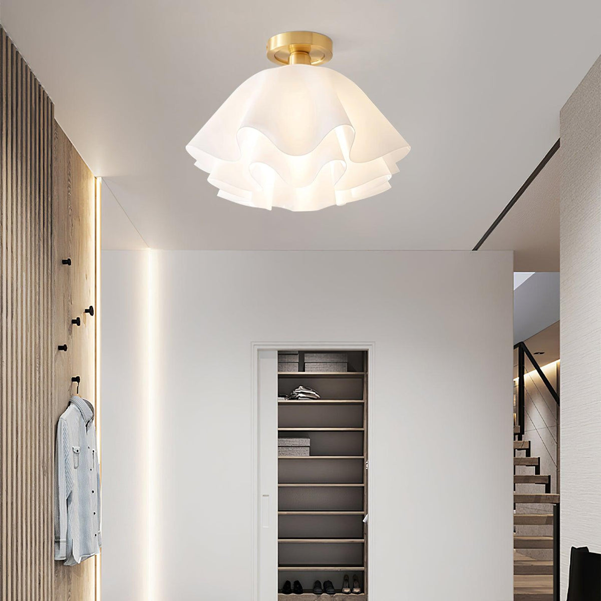 Gilda | Mid-Century Pleated Ceiling Light with Brass Body, Dimmable Fixture for Hallways