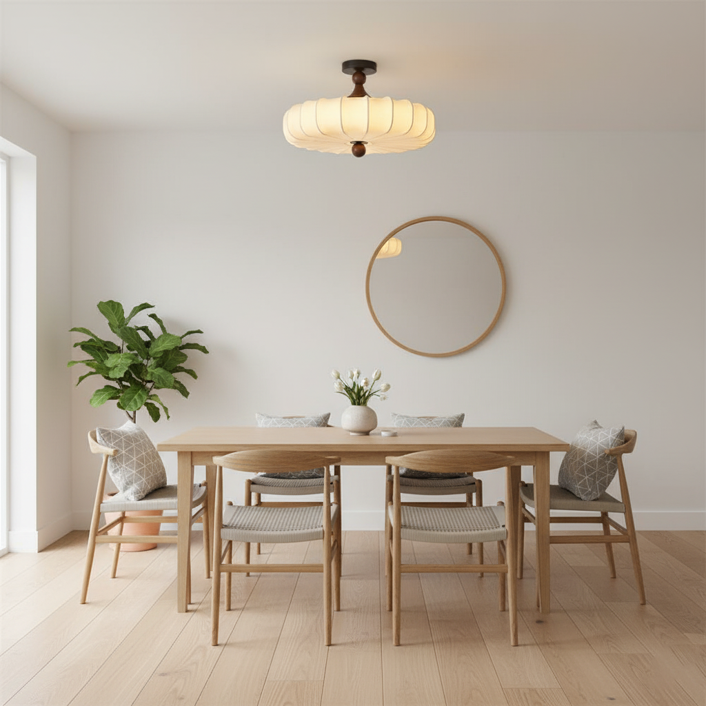 Rosa | Flush Mount LED Ceiling Light with Floral Fabric Shade, Walnut Canopy for Bedroom