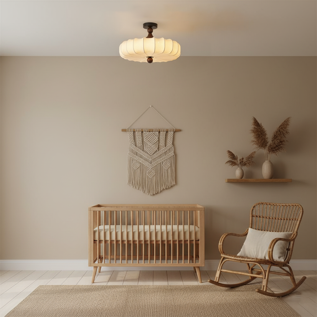 Rosa | Flush Mount LED Ceiling Light with Floral Fabric Shade, Walnut Canopy for Bedroom