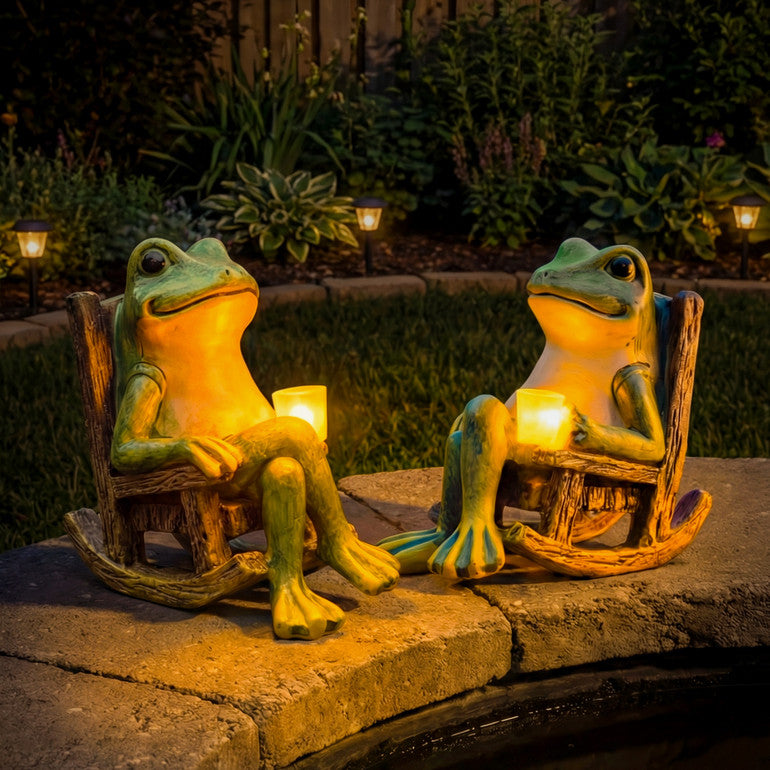 Frogly | Solar Frog Garden Statue with LED Lantern | Resin Rocking Chair Decor for Patio