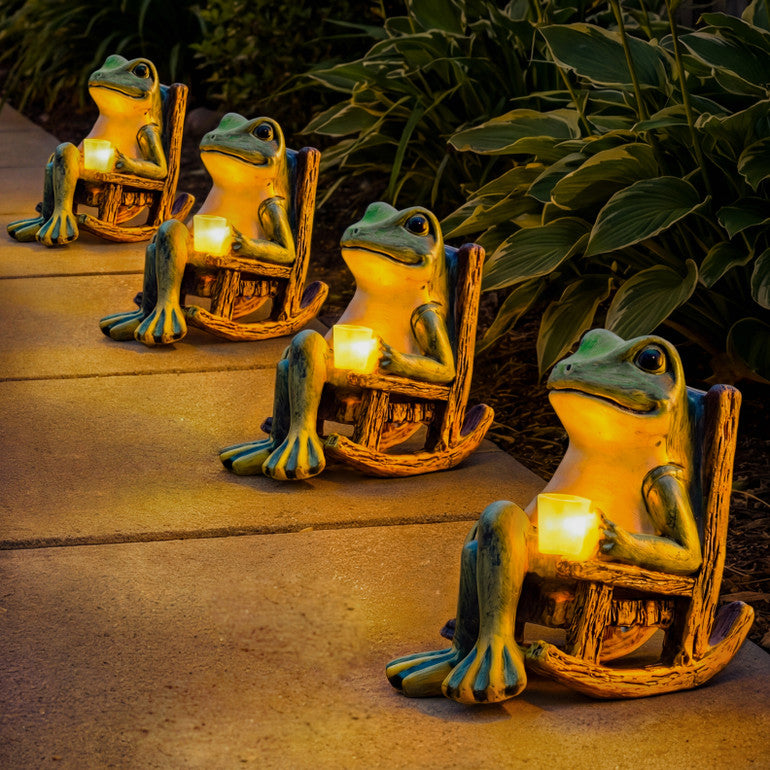 Frogly | Solar Frog Garden Statue with LED Lantern | Resin Rocking Chair Decor for Patio