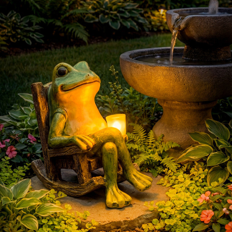 Frogly | Solar Frog Garden Statue with LED Lantern | Resin Rocking Chair Decor for Patio