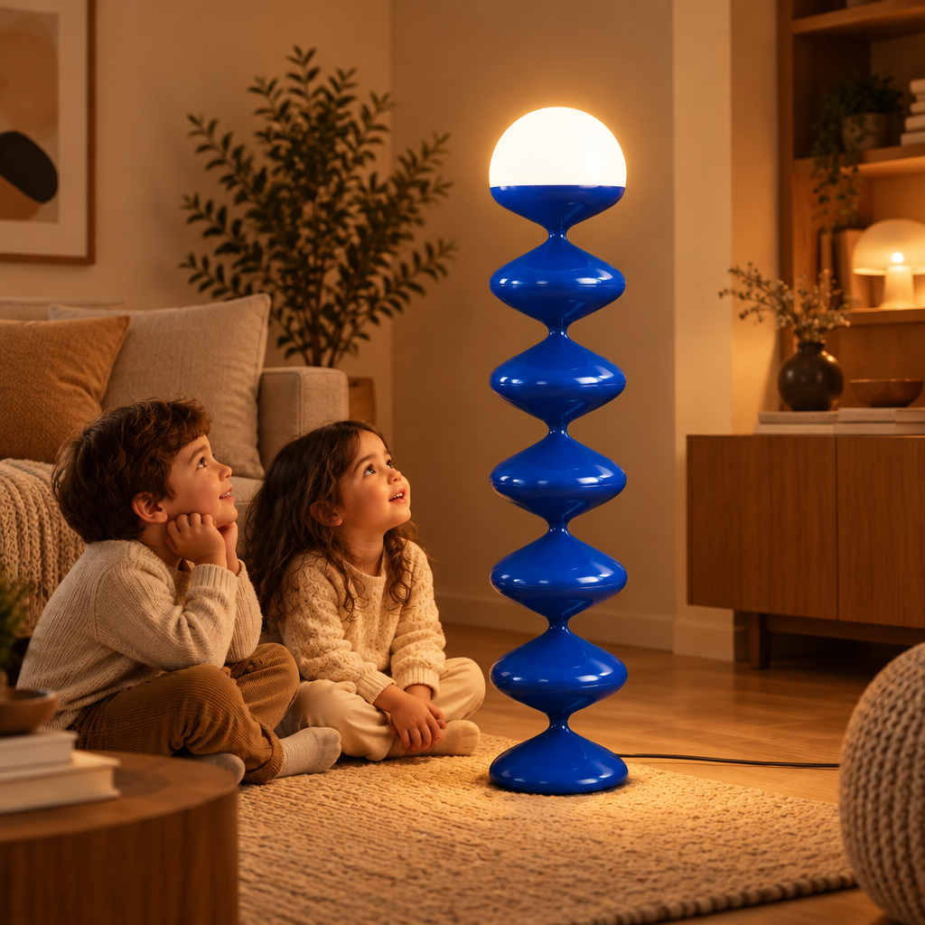 Sculptural Blue Floor Lamp with Stacked Metal Discs | Frosted Dome for Ambient Light
