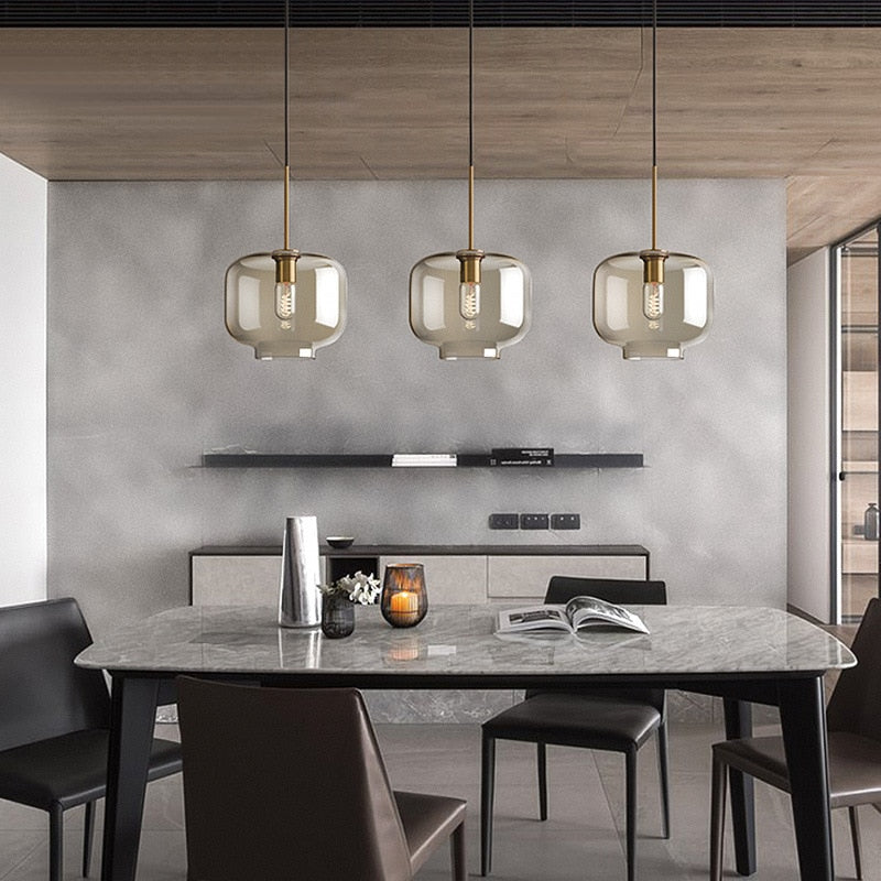 Aurum | Cognac Glass Pendant Light with Brass Look, Adjustable Cable for Kitchen Island