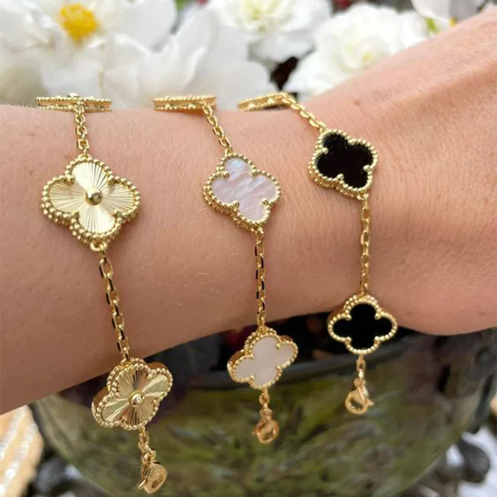 14K Gold Plated Clover Charm Bracelet Stainless Steel Flower Bracelet