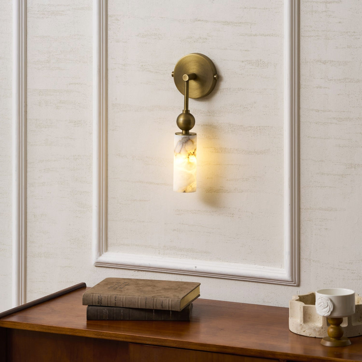 Natural Alabaster Wall Sconce with Brass Hardware | Warm Glow Bedside Light
