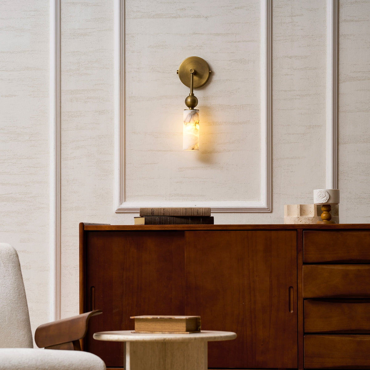 Natural Alabaster Wall Sconce with Brass Hardware | Warm Glow Bedside Light