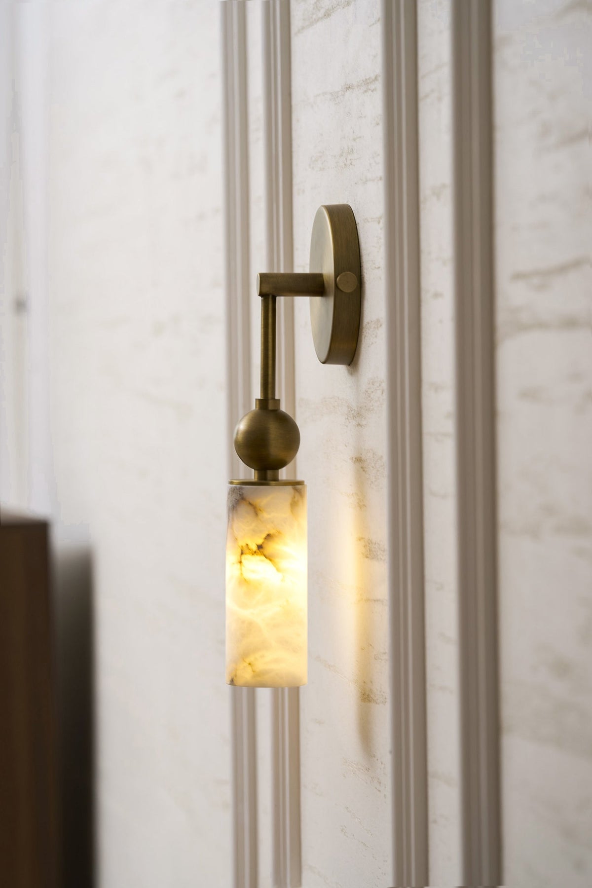 Natural Alabaster Wall Sconce with Brass Hardware | Warm Glow Bedside Light