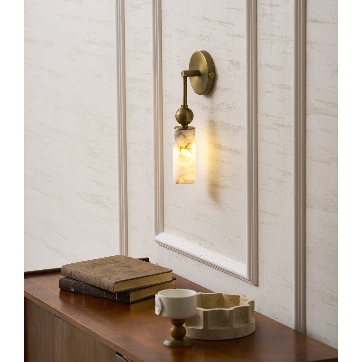 Natural Alabaster Wall Sconce with Brass Hardware | Warm Glow Bedside Light