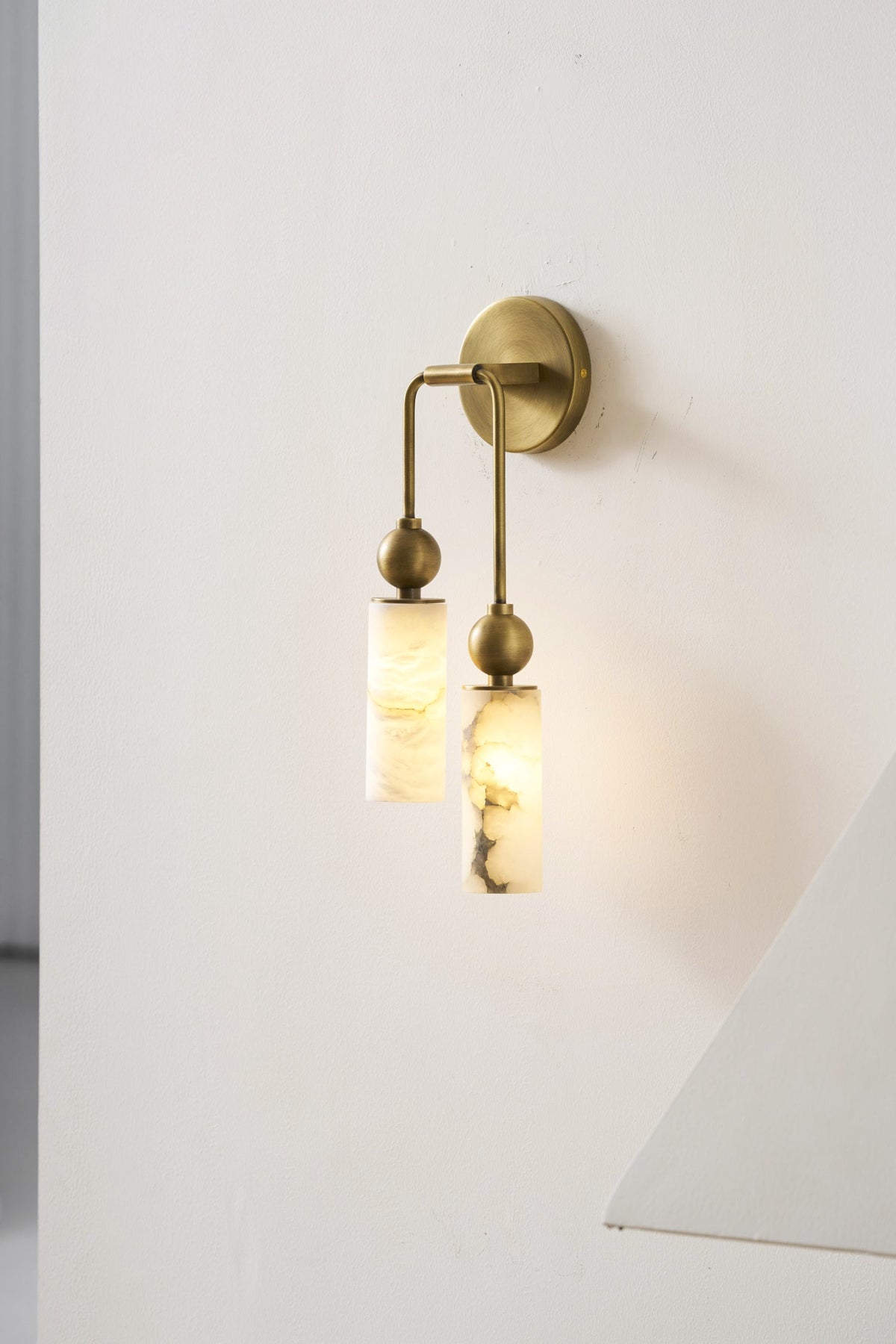 Natural Alabaster Wall Sconce with Brass Hardware | Warm Glow Bedside Light