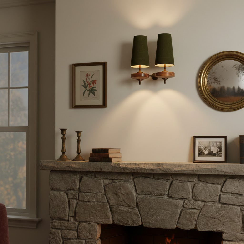 Walnut Wall Sconce with Antique Brass Hardware | Fabric Shade for Warm Ambient Light