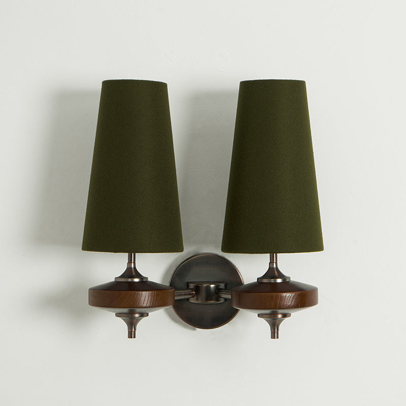 Walnut Wall Sconce with Antique Brass Hardware | Fabric Shade for Warm Ambient Light