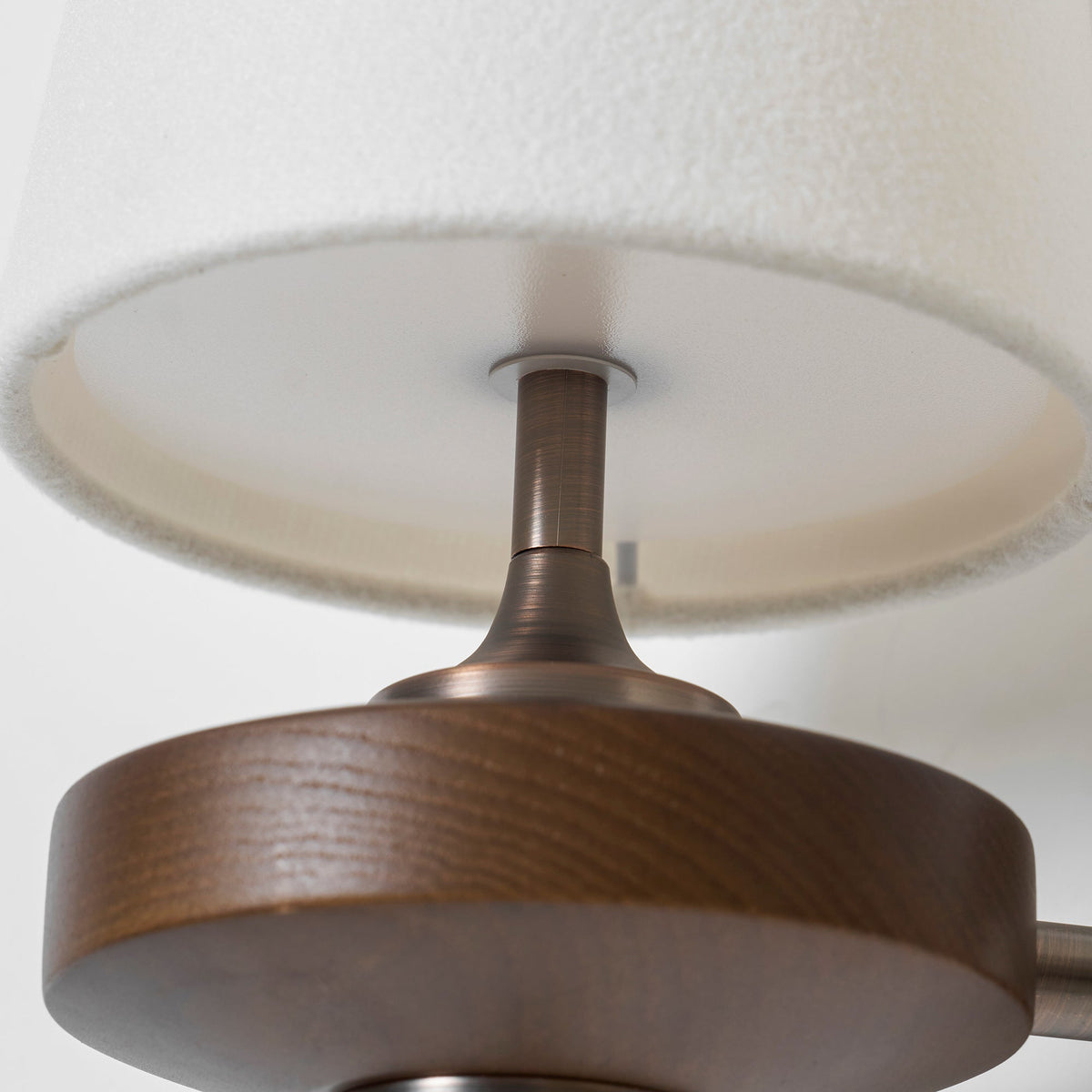 Walnut Wall Sconce with Antique Brass Hardware | Fabric Shade for Warm Ambient Light