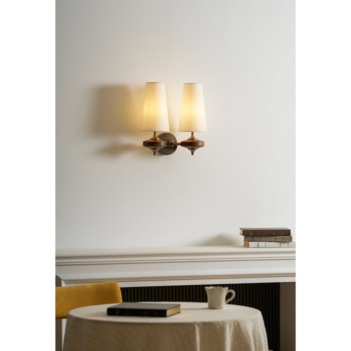 Walnut Wall Sconce with Antique Brass Hardware | Fabric Shade for Warm Ambient Light